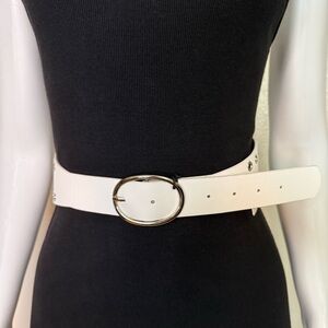 White PU leather double grommet silver tone buckle wide belt